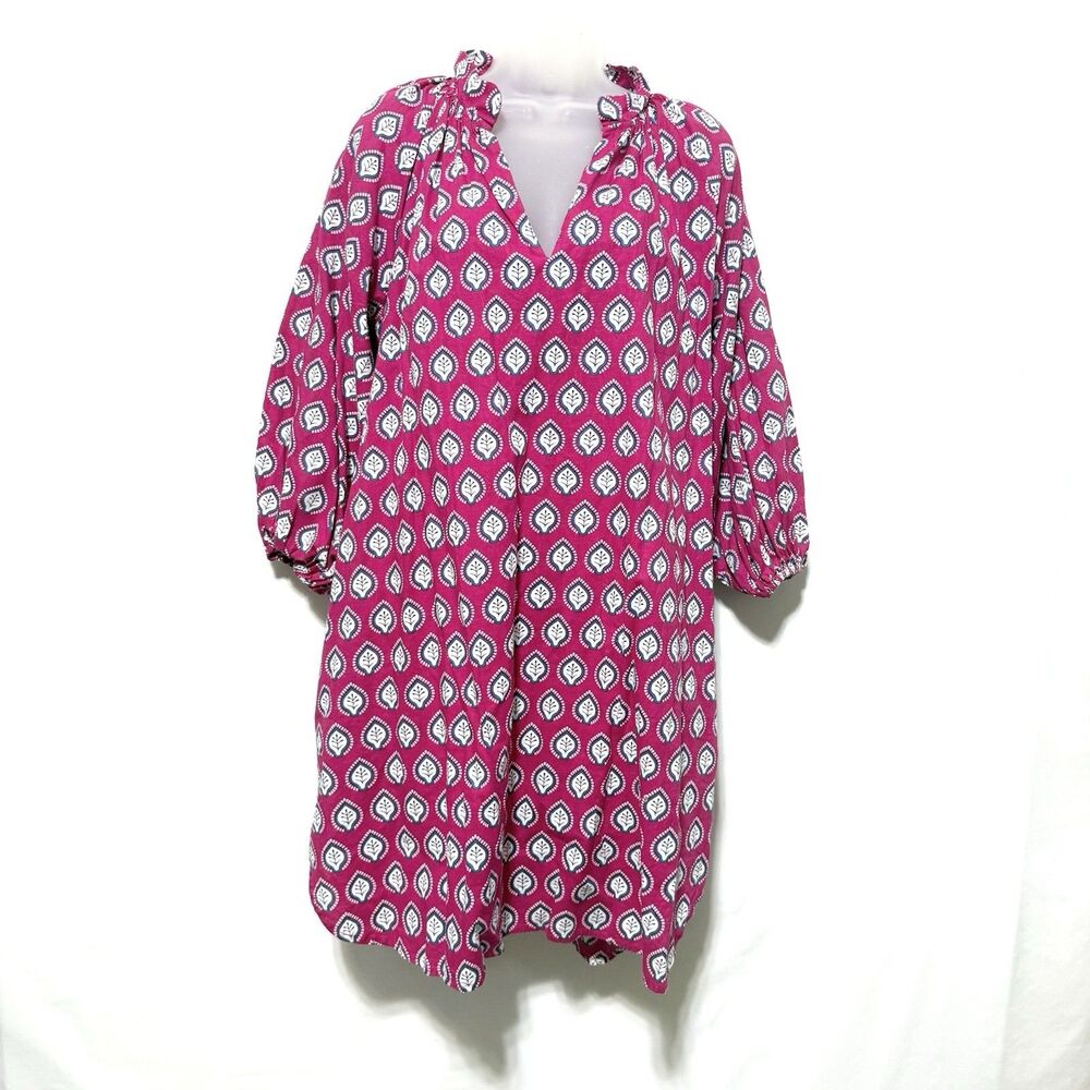 Caryn Lawn Women Pink Leaf Print Tunic Dress 3/4 Sleeve Ruffle Collar One Size